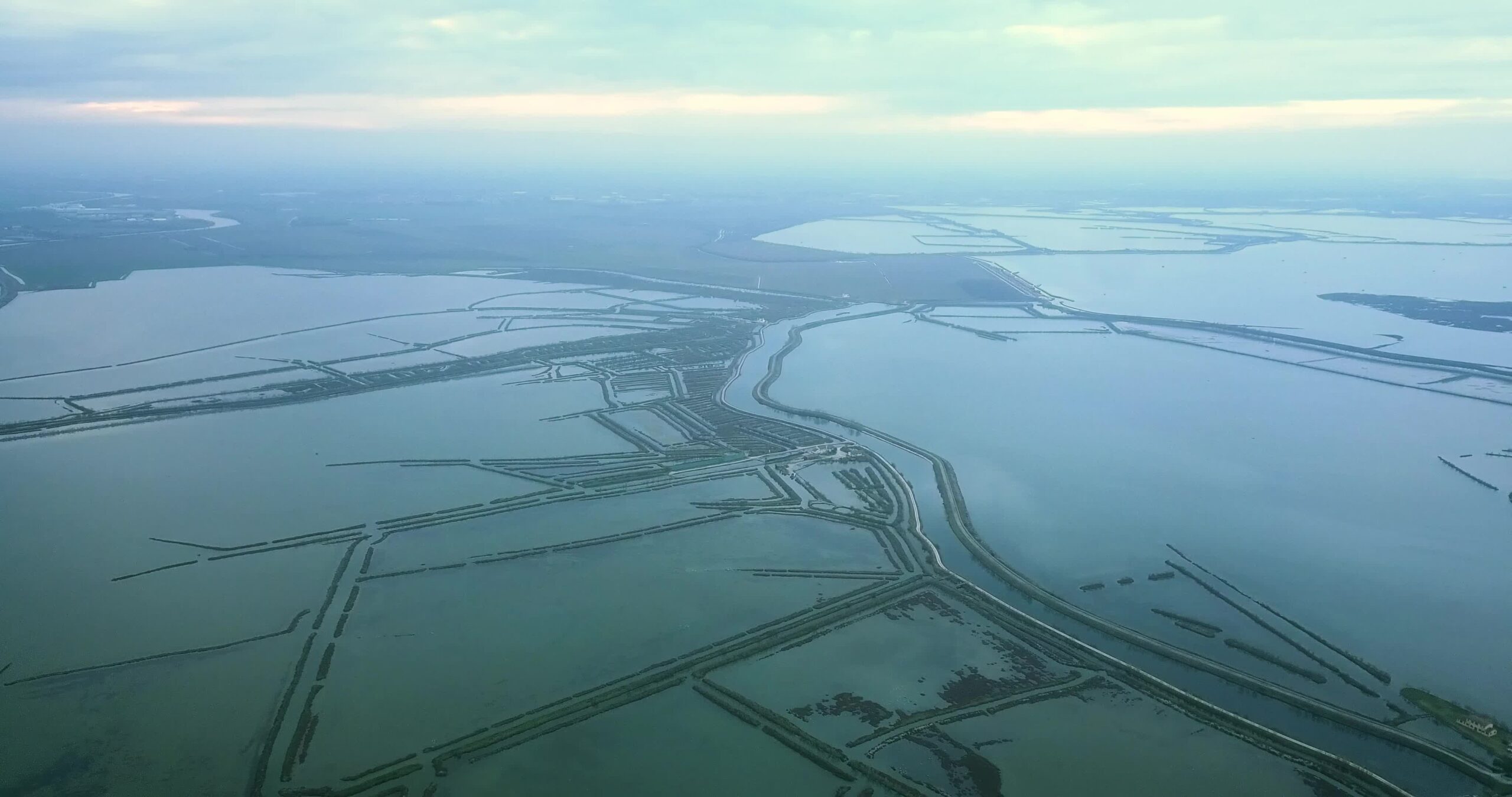 System of islands and roads on the lagoon seen from above