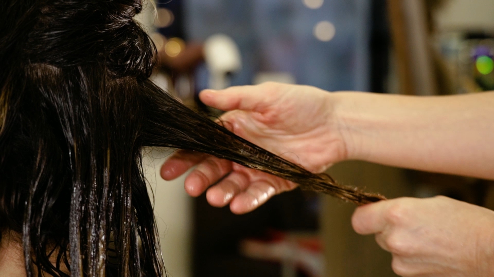 Hairdresser applying lotion to client’s hair