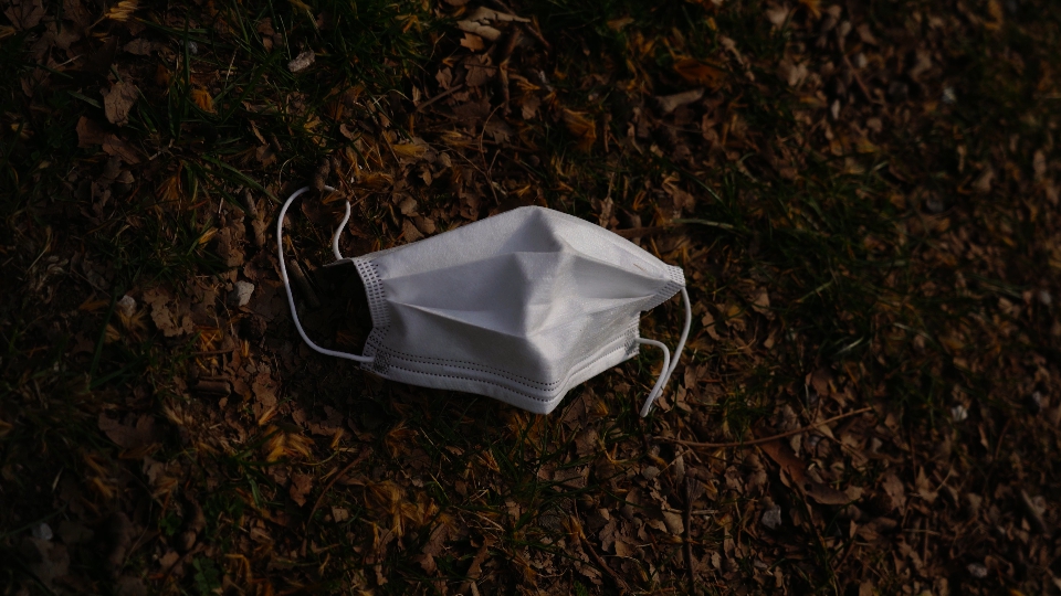 La maschera facciale protettiva giace su un terreno sconfinato con foglie
