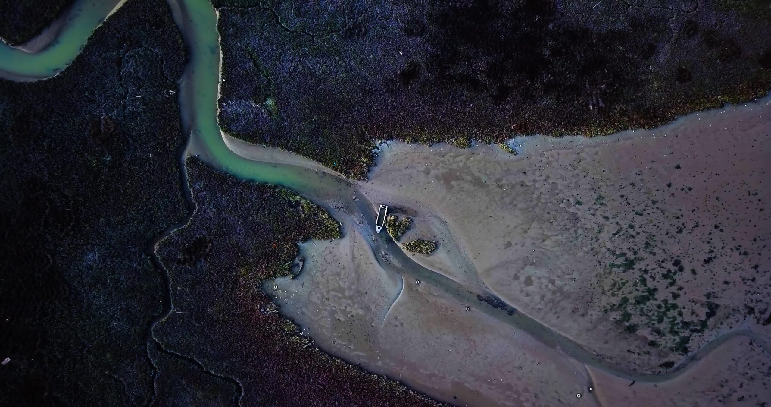 Broken motorboat body near river on polluted sandy beach