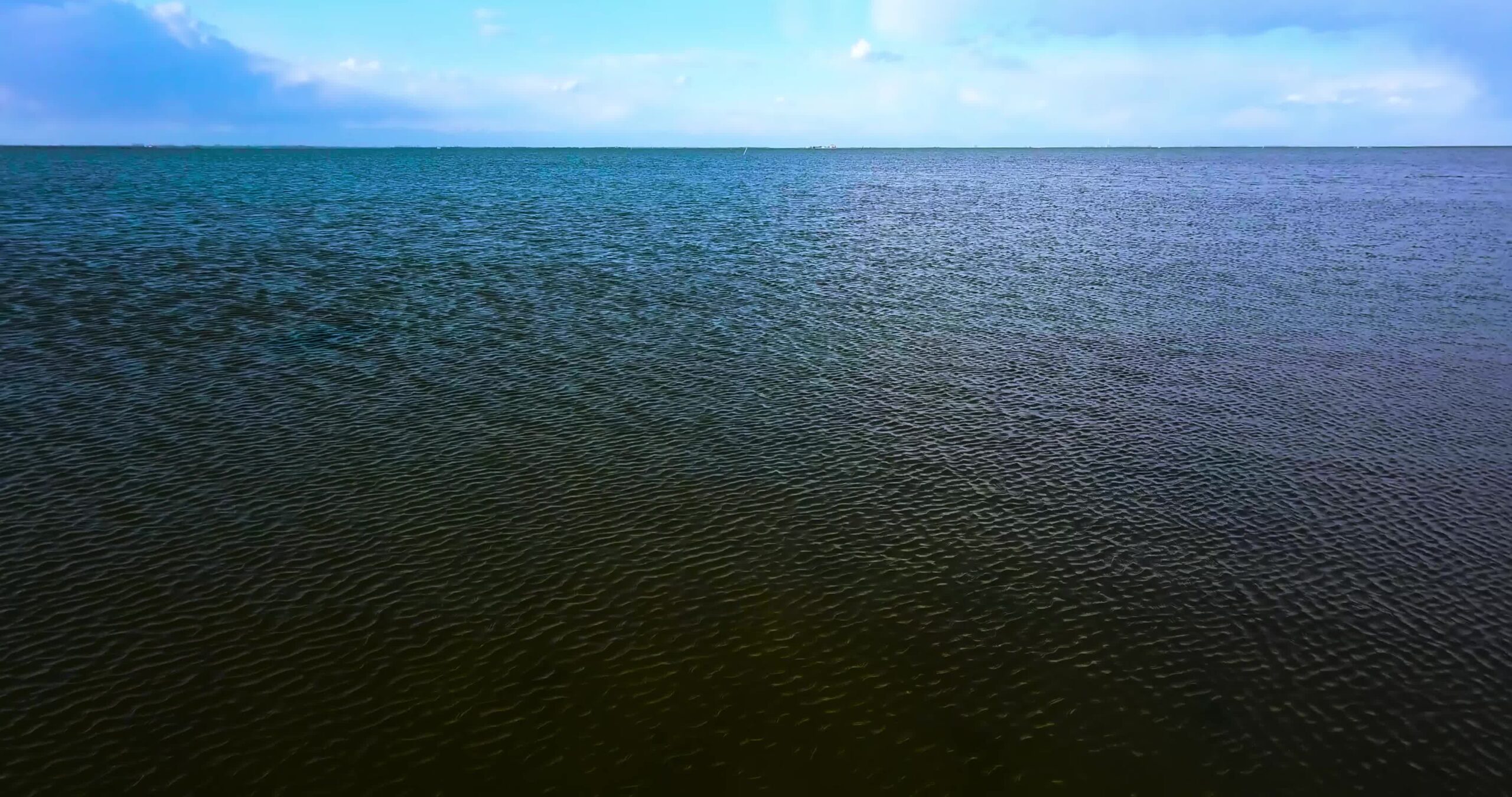 Back motion from rippling sea to sandbank under bright sky
