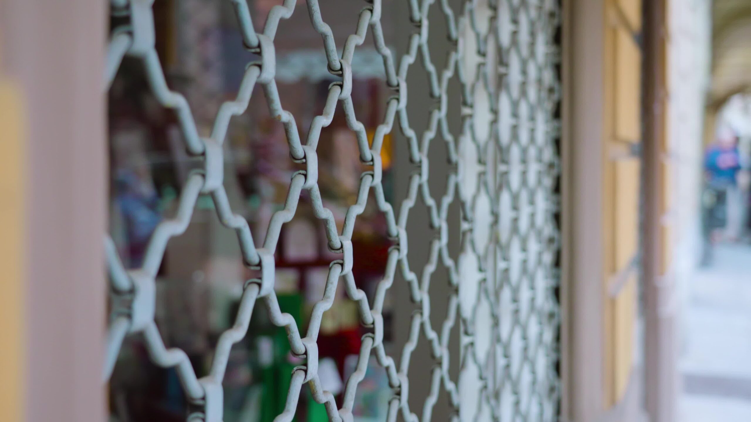 Shop window with transparent glass protected by iron grate