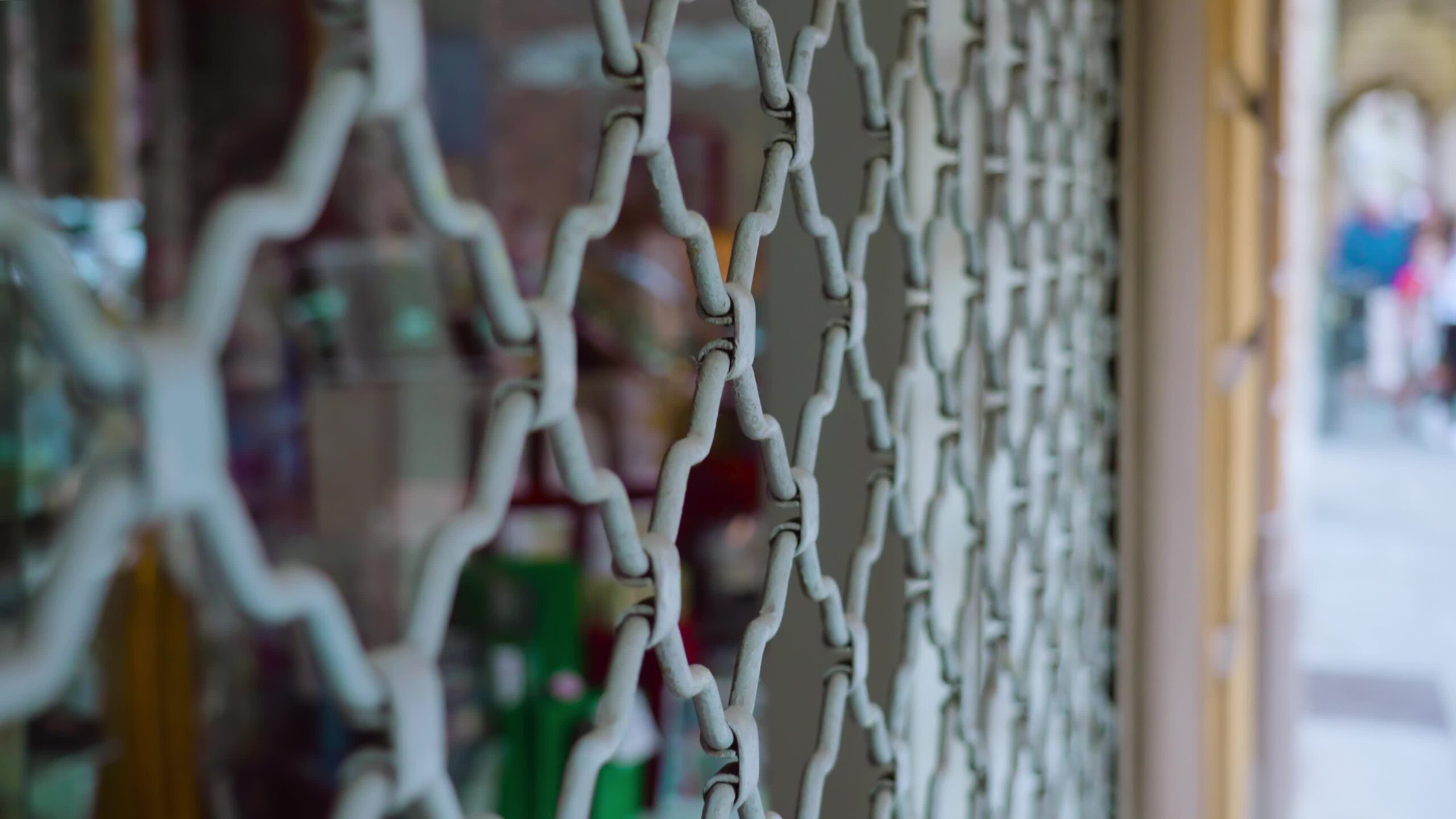 Shop window protected by metal bars security shutter grate