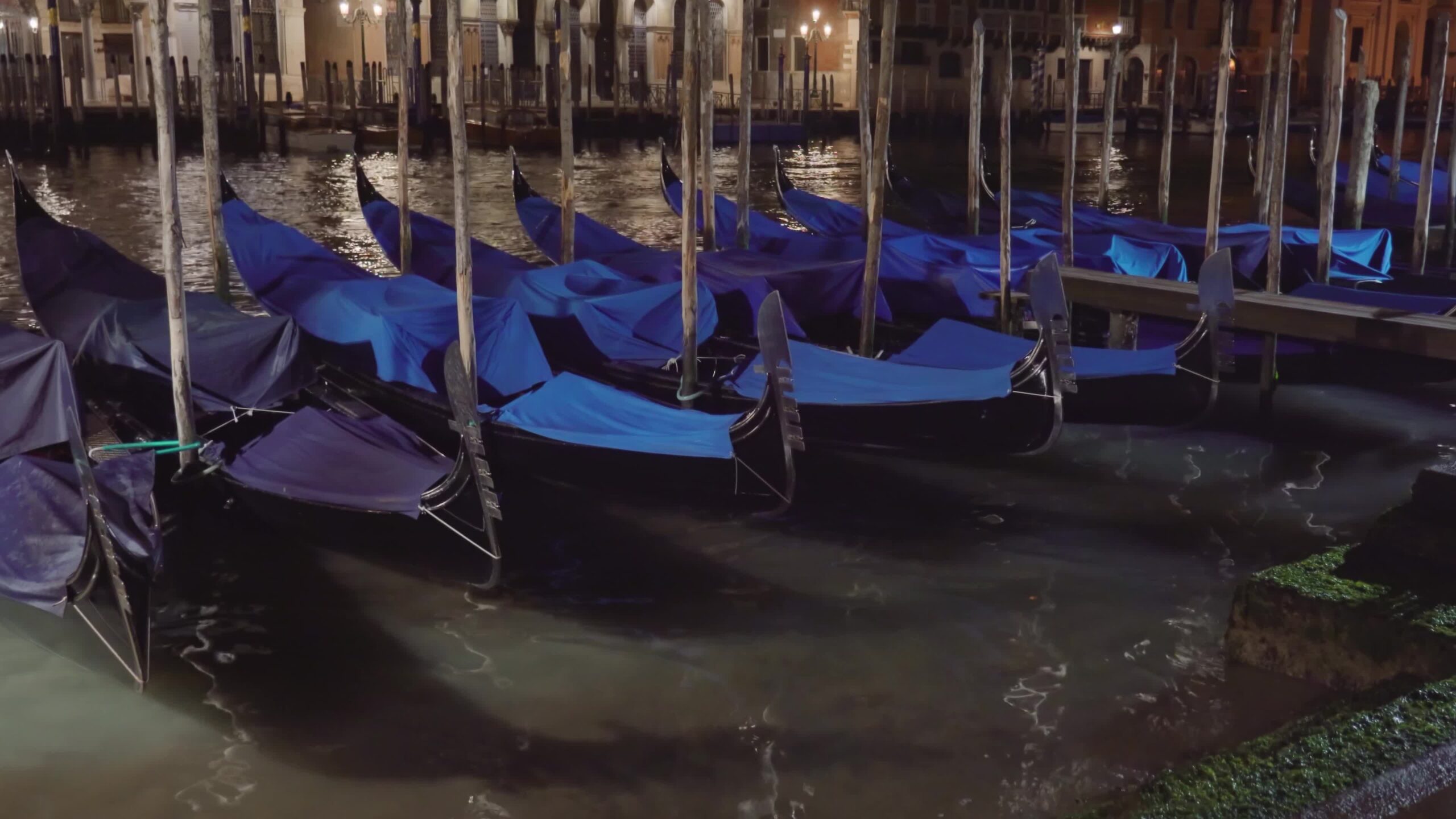 Covered Venetian condolas moored to pillars rock on water