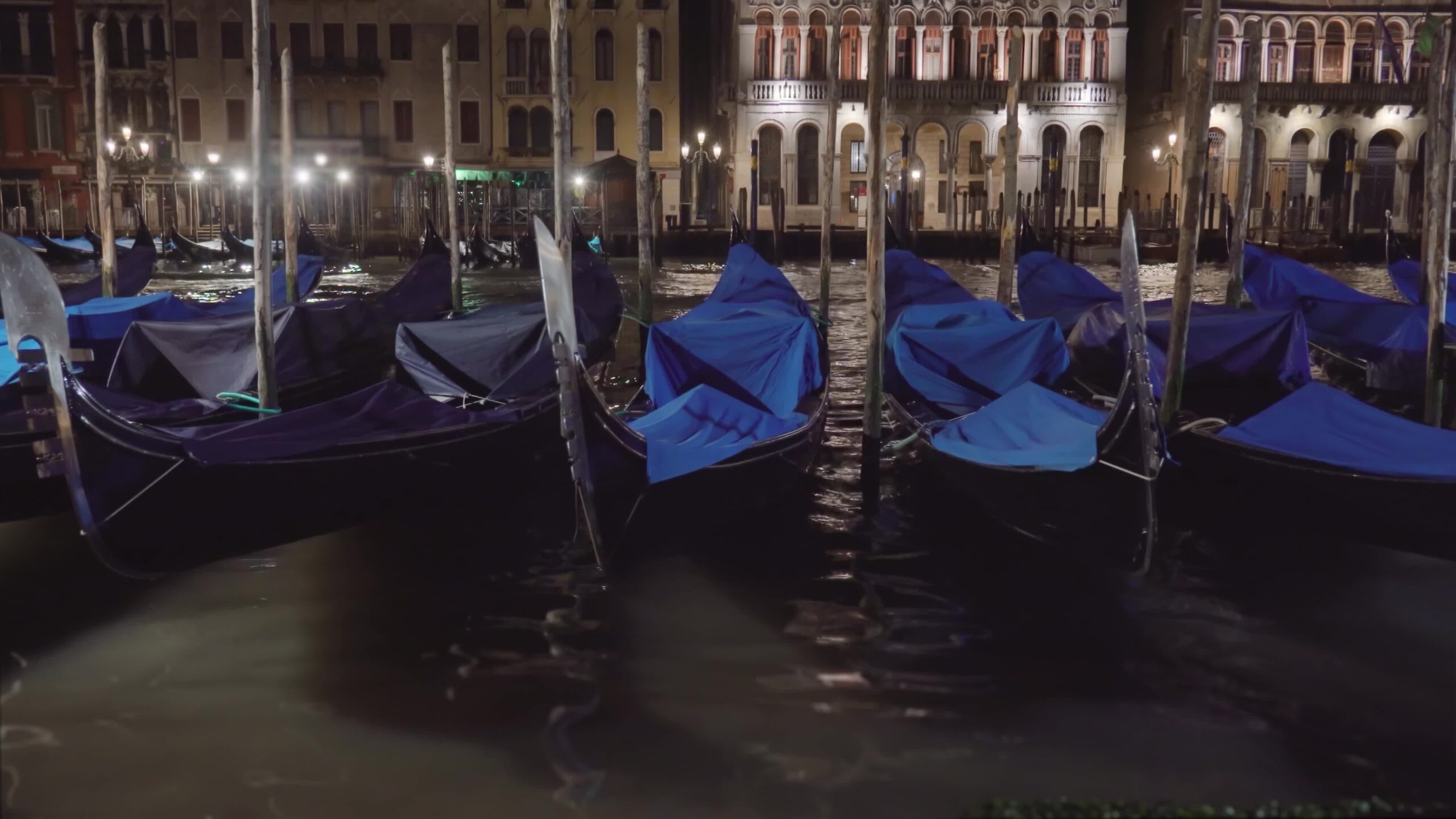 Covered Venetian condolas rock on water against night city