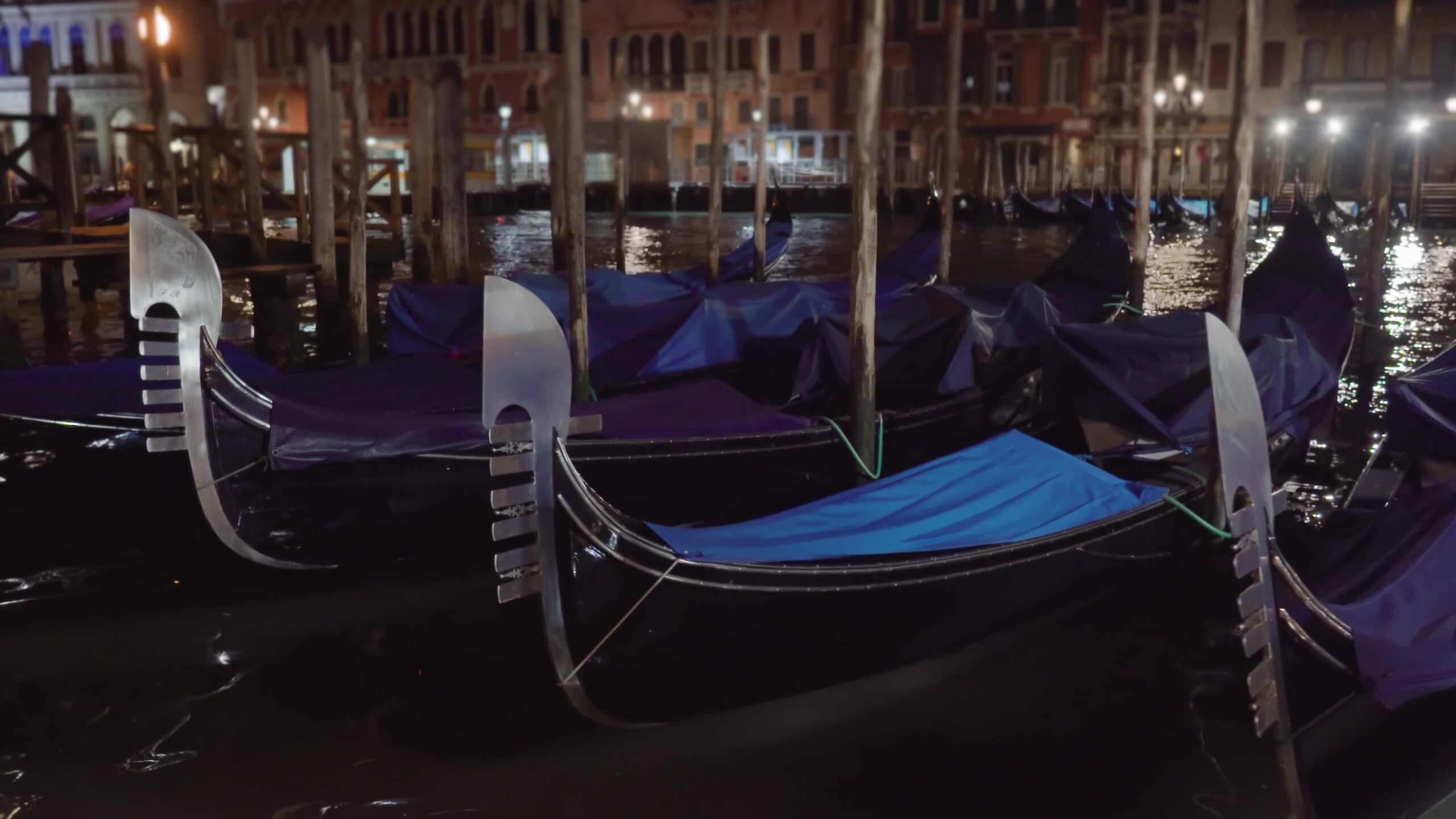 Traditional gondolas moored to wooden pillars rock on water
