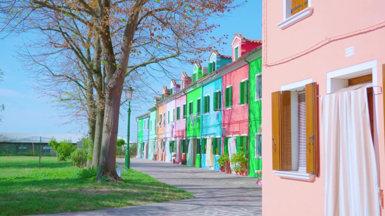 Bright colorful houses stand near bare trees in Burano