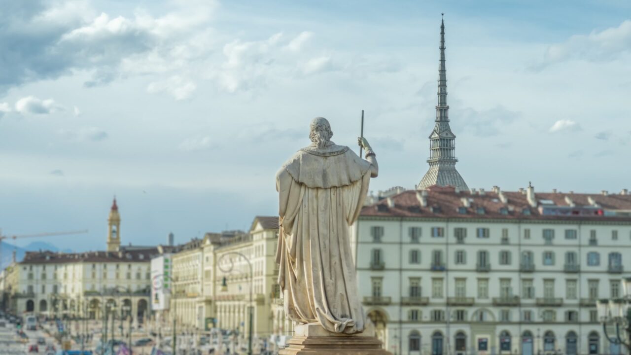 Monument built in center of Turin with historical buildings