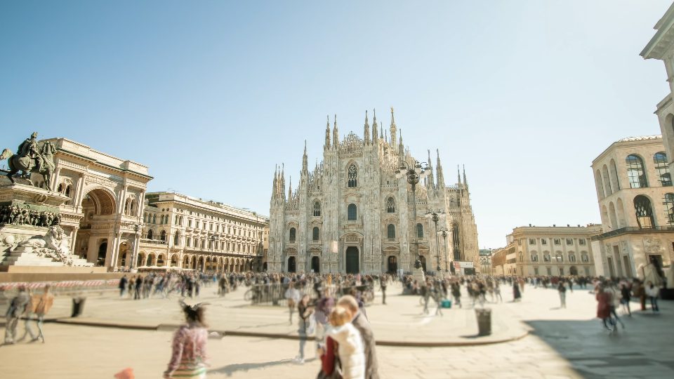 Gothic Cathedral built on crowded central square in Milan