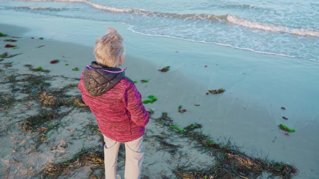 Grey haired lady traveler enjoys waves view from beach