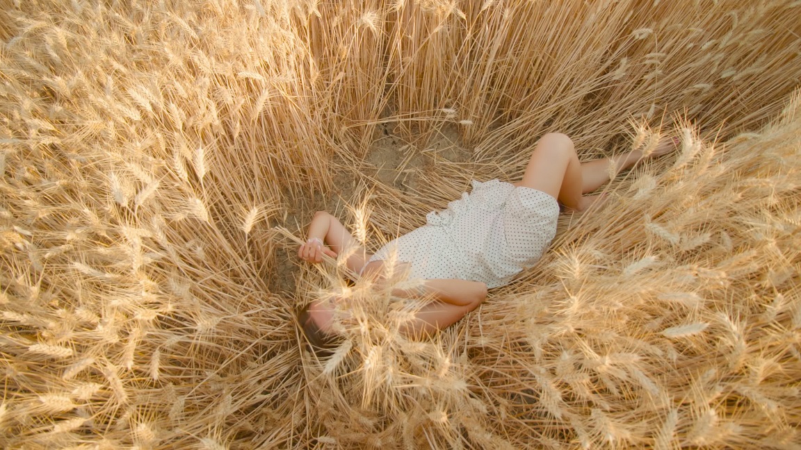 La donna in abito estivo posa per una foto sdraiata tra il grano maturo