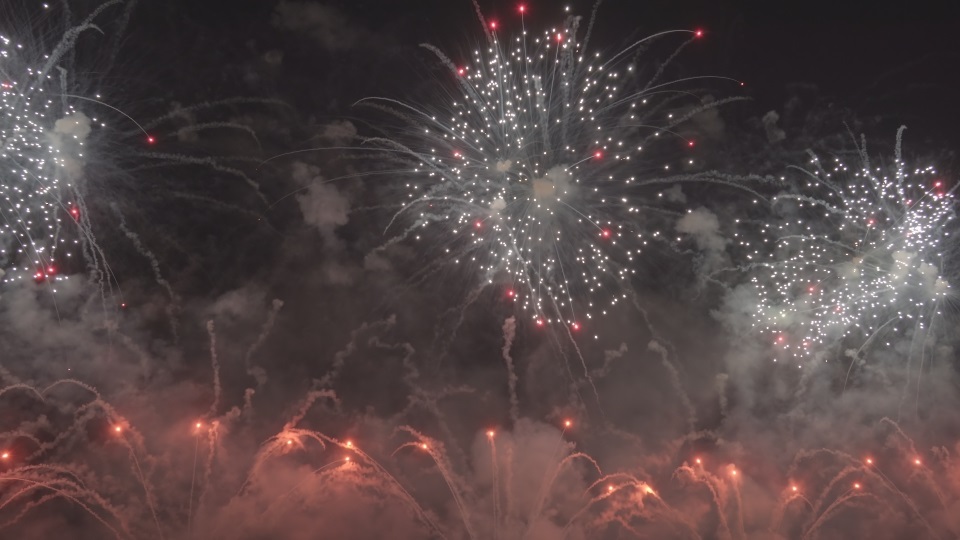 Fuochi d’artificio bianchi e rossi scoppiarono in aria contro il cielo notturno