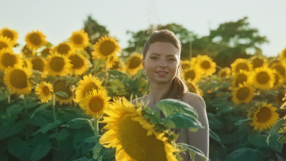 Smiling girl among sunflowers in the day sun