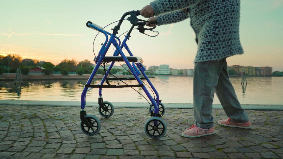 L’anziana passeggia vicino alla laguna di Venezia con la sedia a rotelle al crepuscolo