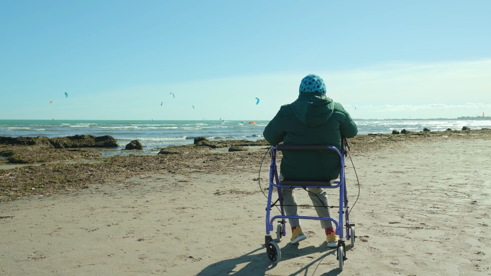 La nonna gode del tempo seduto su una sedia a rotelle vicino alla laguna