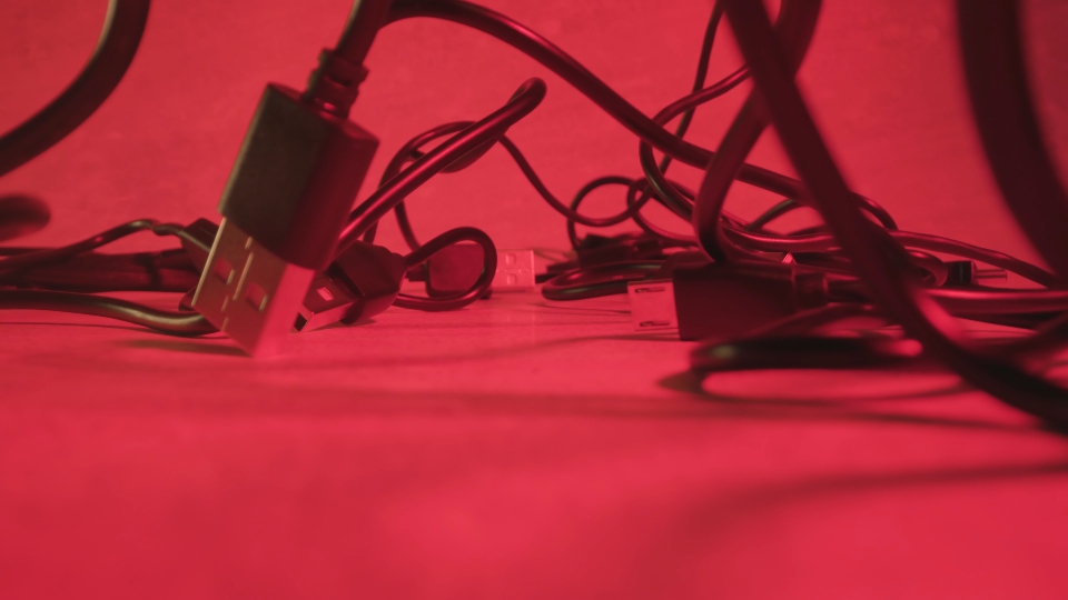 Tangled USB cords at red illumination of studio room