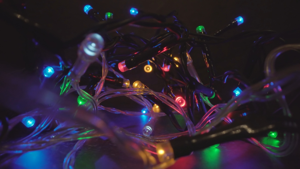 Motion through colorful fairy lights at Christmas holiday