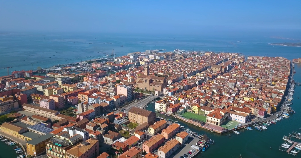 Top view of a beautiful ancient Italian city on the water