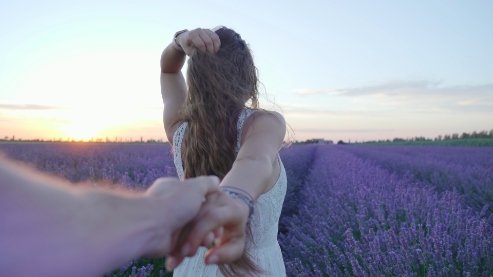 Young woman holds her boyfriend’s hand on the lavender field