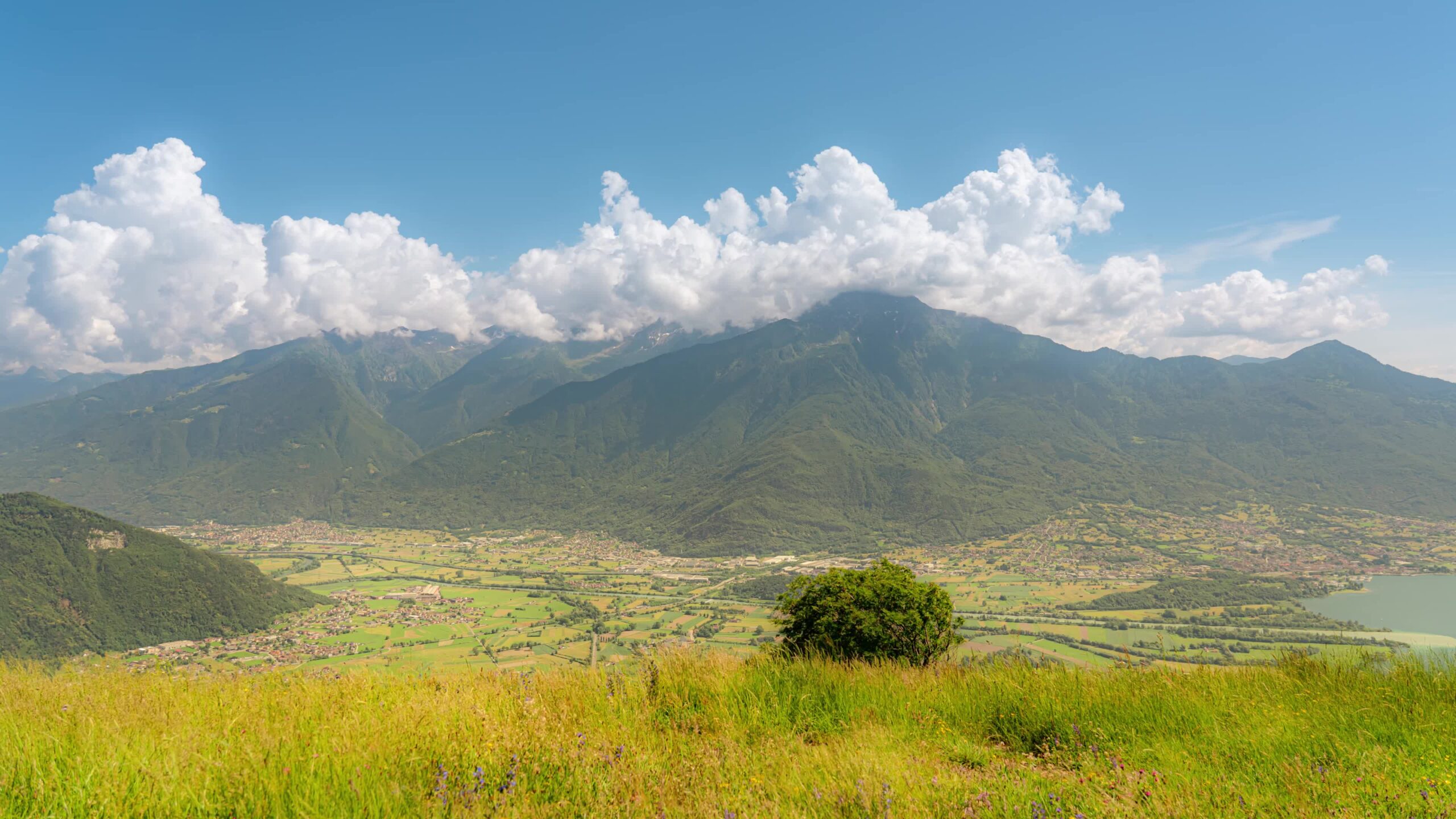 Vista sui monti verdi con nuvole soffici che scorrono sopra