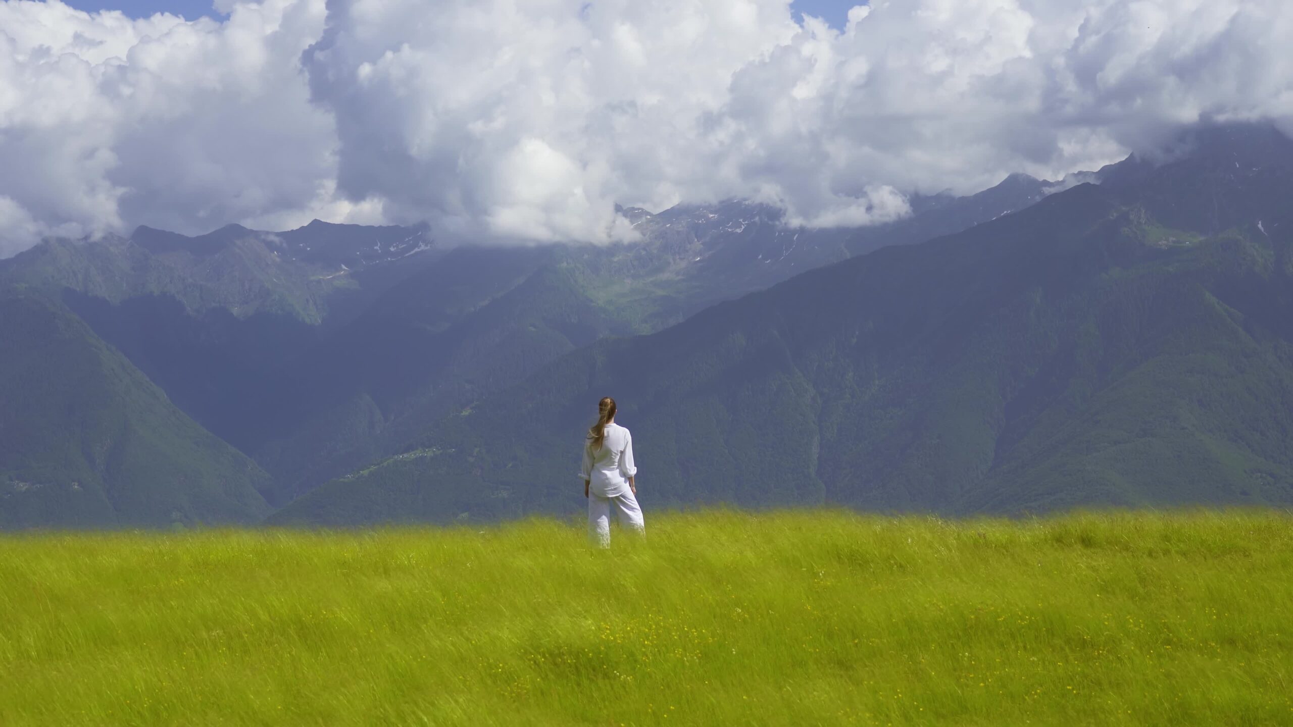 Person among green grass observes landscape of mountains