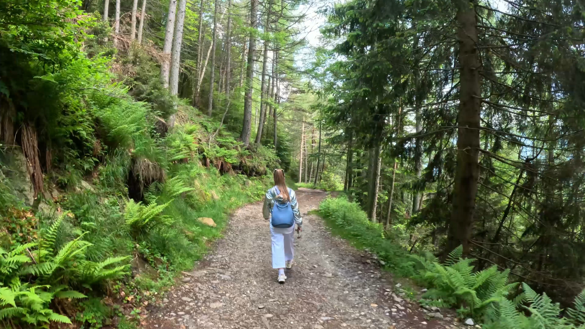 Woman walks on dirt road through mountain woods