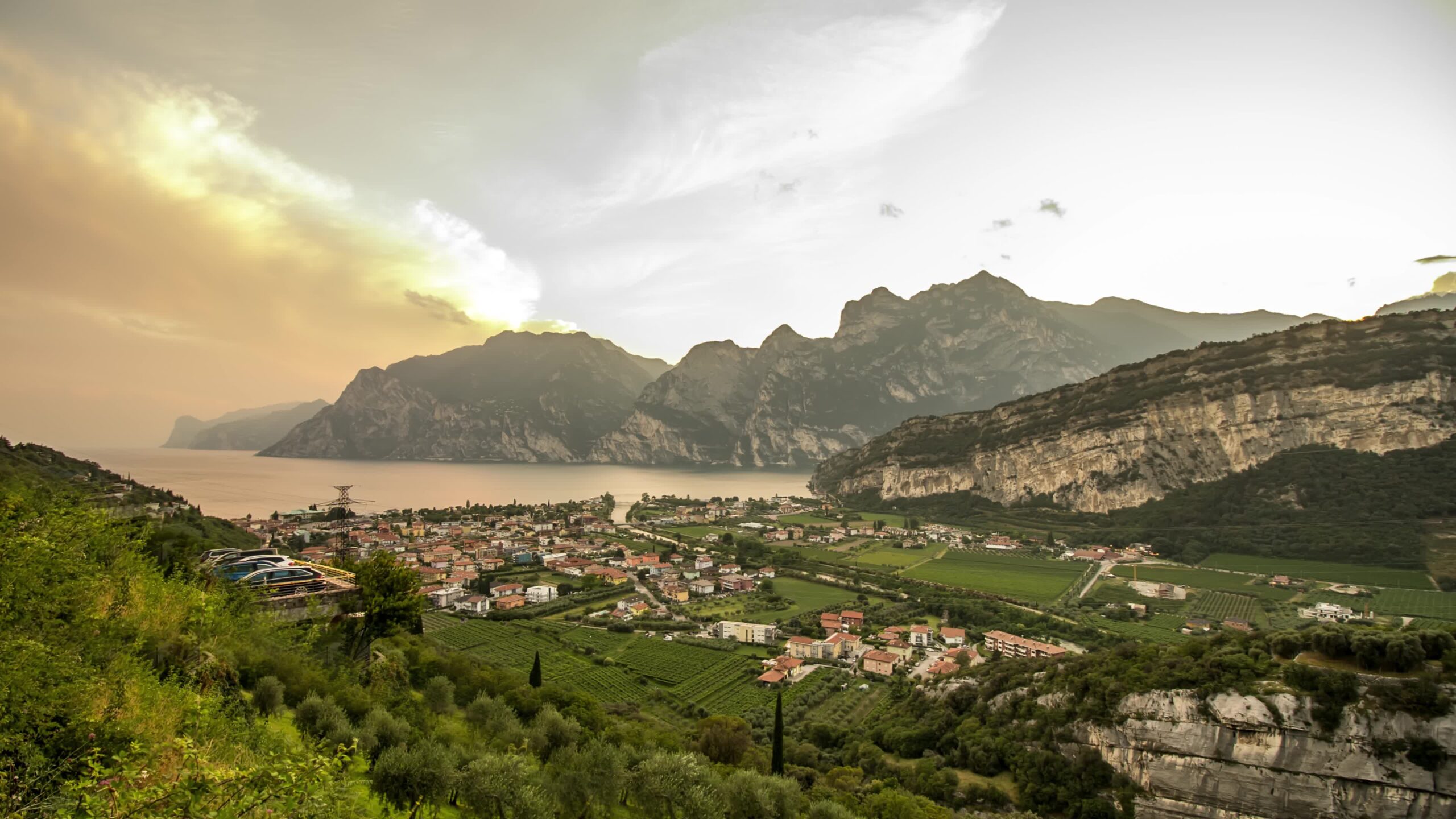 Timelapse at sunset of Lake Garda and mountains around