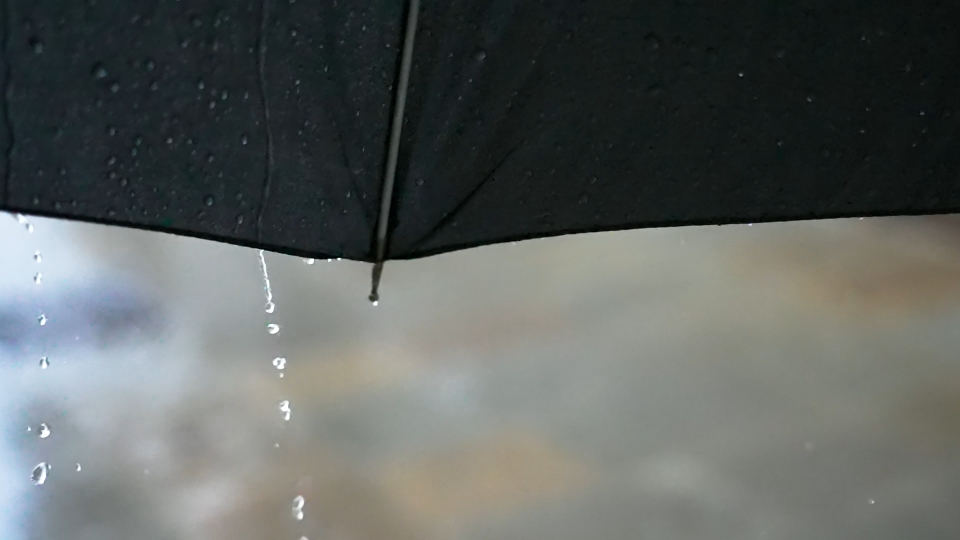 Gocce di pioggia scorrono dall’ombrello