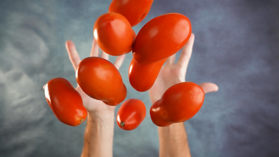 Mani lanciano pomodori al rallentatore