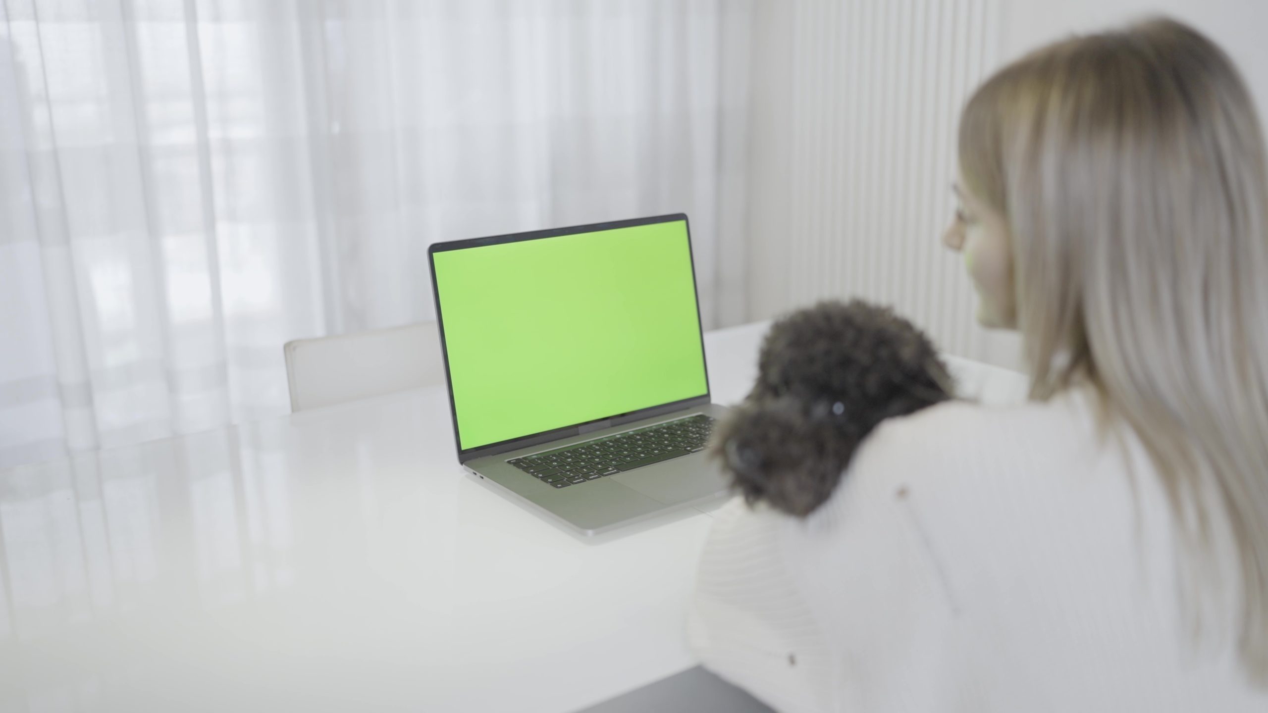 A woman is looking on the laptop with a green screen at a table