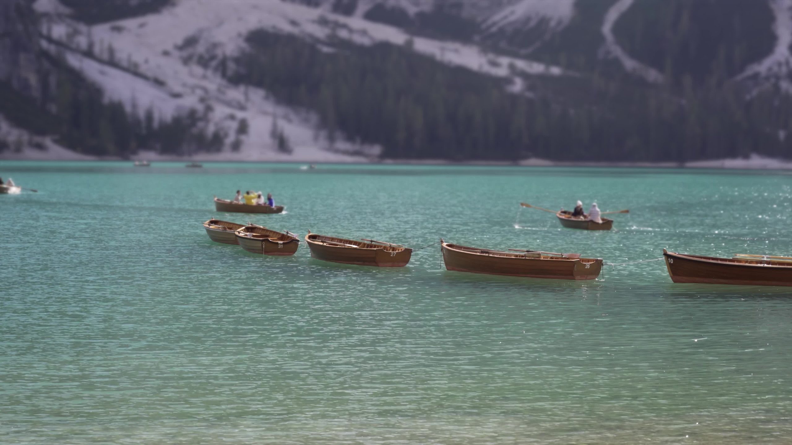 People row on wooden boats on the lake