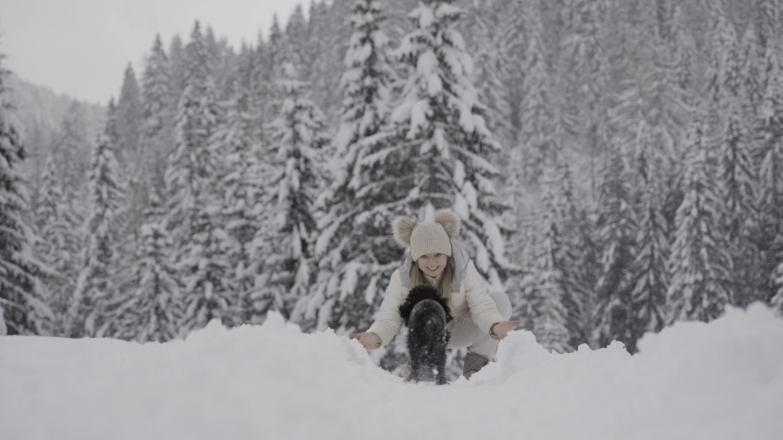 Dog runs in the snow to his owner who smiles