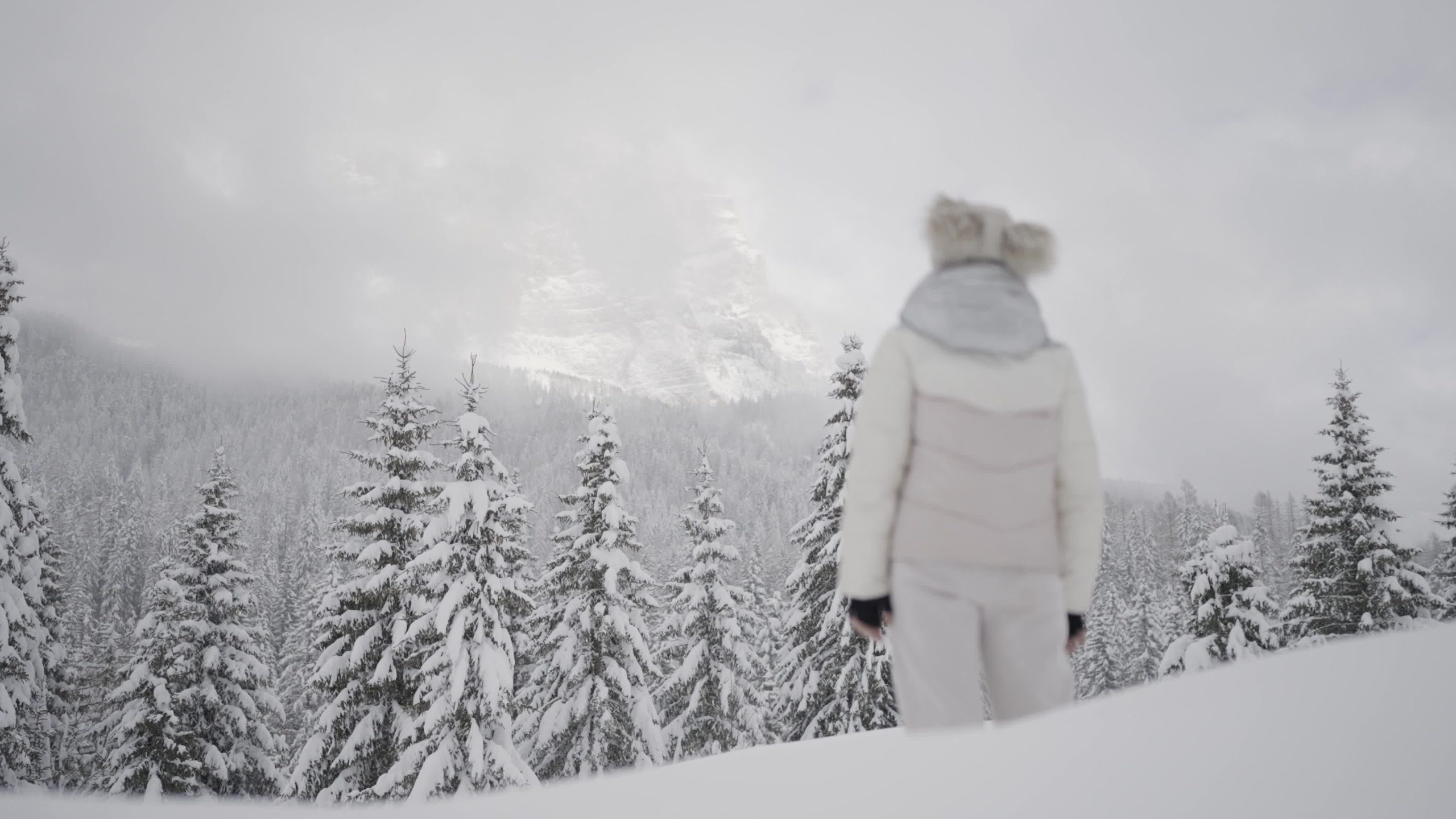 Woman observes beautiful winter landscape in the mountains with trees