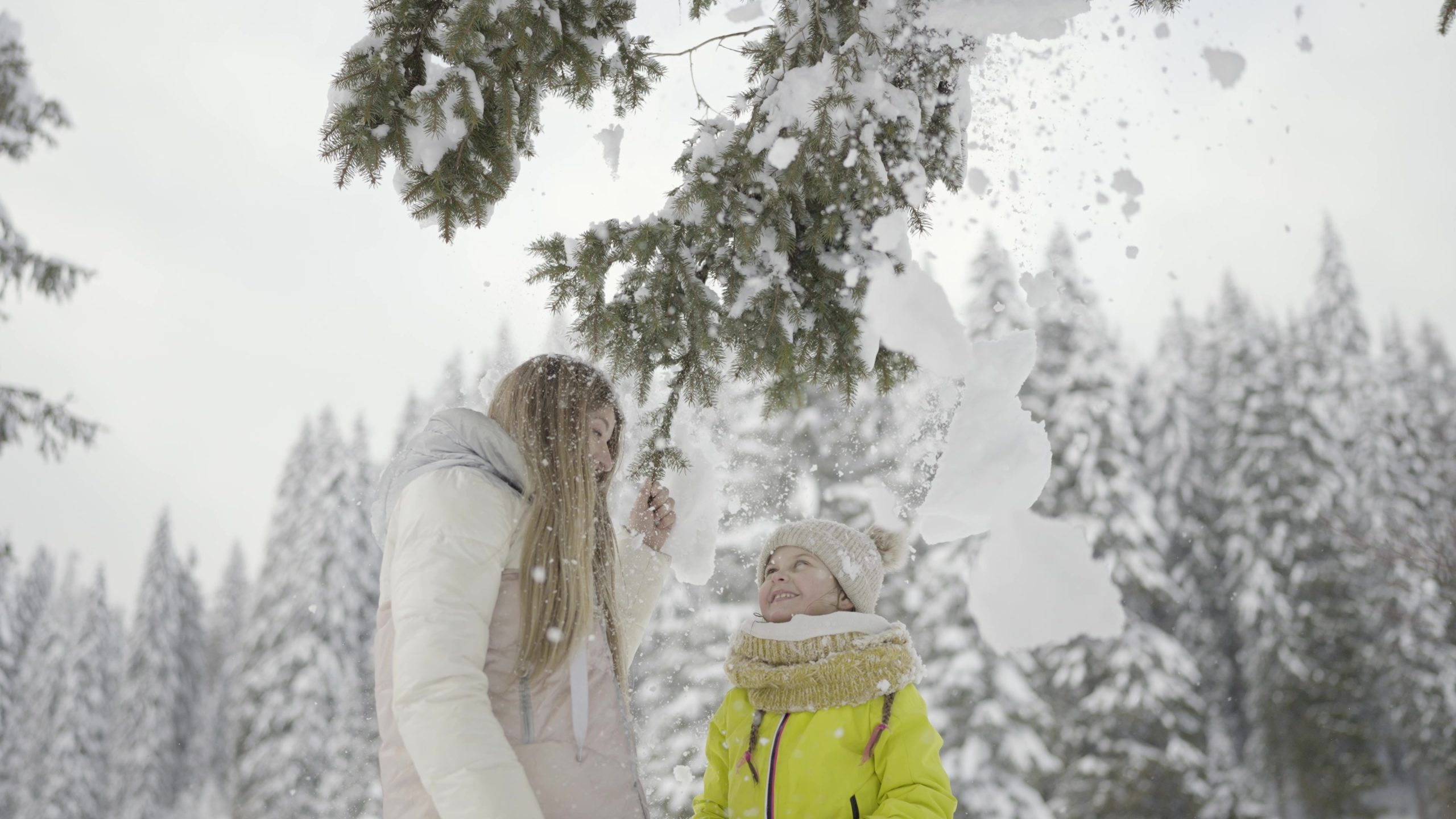 Mother and daughter let snow fall on their heads from the tree