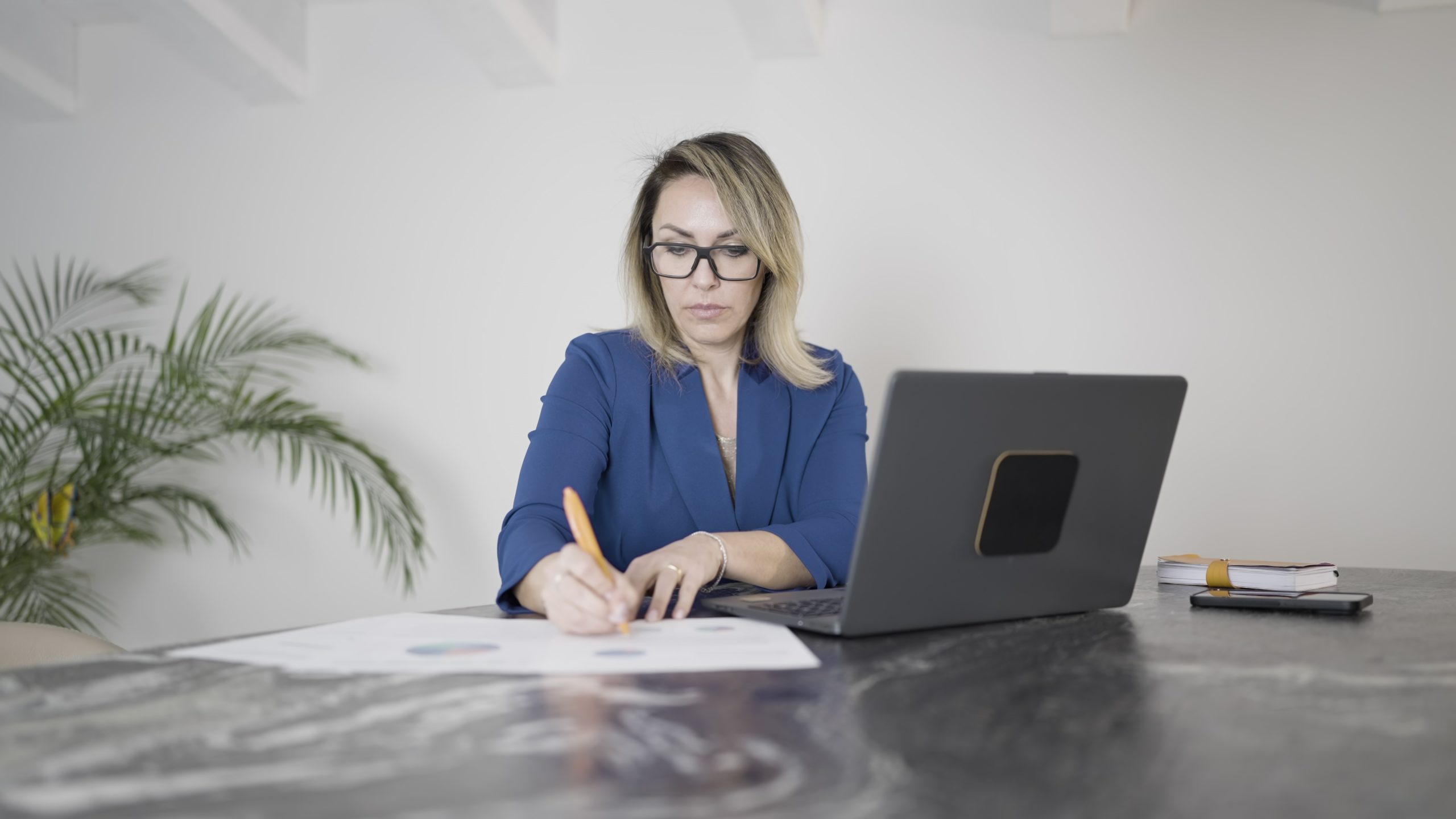 Donna lavora con documenti e computer