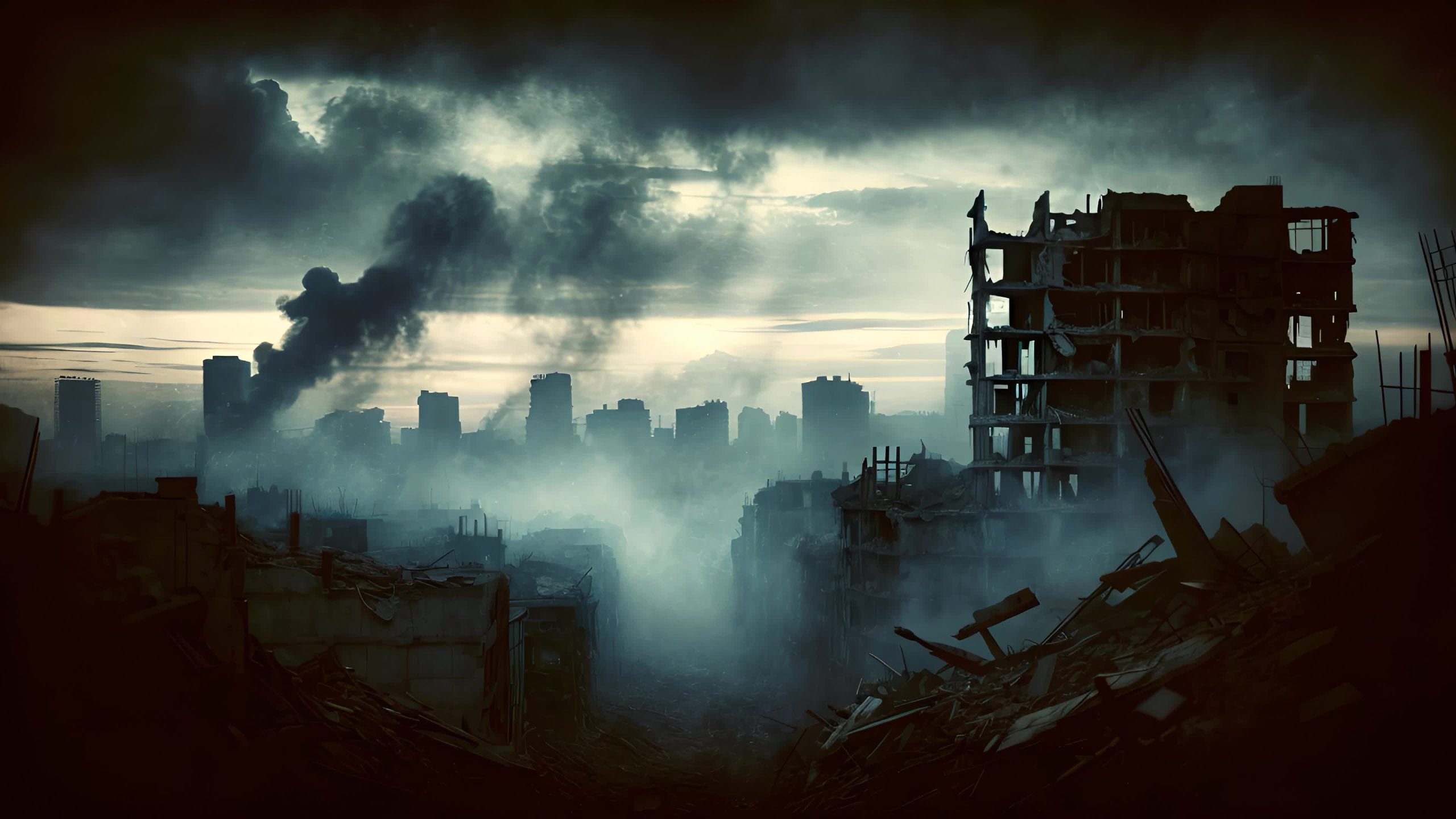 Edifici distrutti dalla guerra in atmosfera cupa