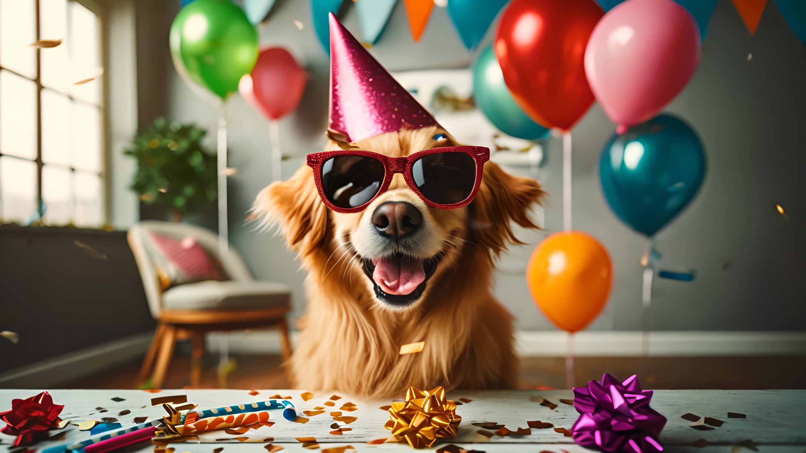 Happy Dog with Party Hat and Sunglasses