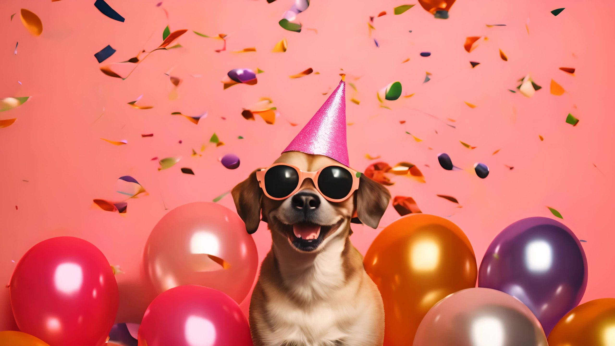 Happy Dog with Party Hat and Sunglasses on Pink Background