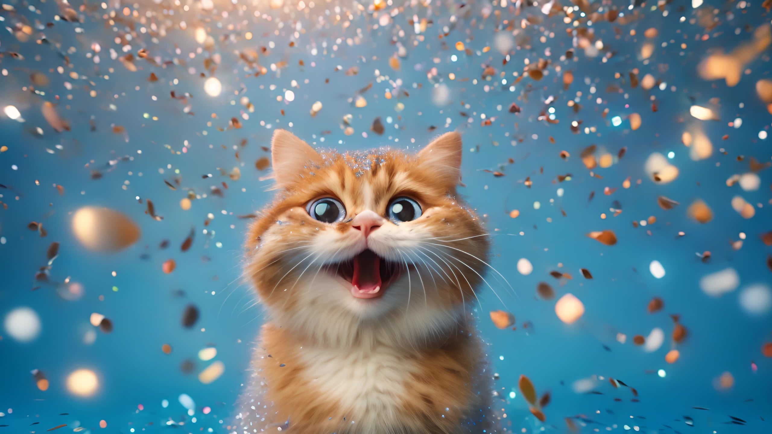 Funny Cat with Flying Glitter on Blue Background