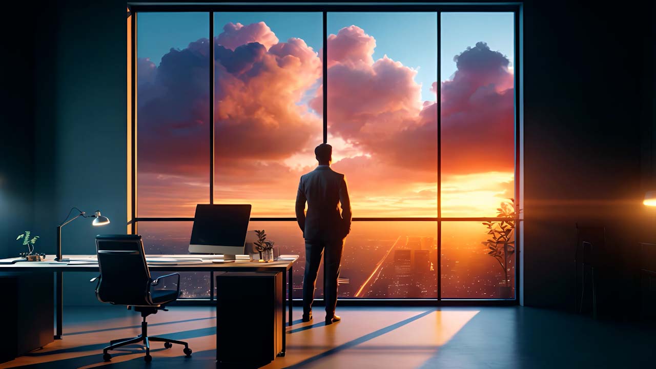 Contemplation at Sunset in a Modern Office