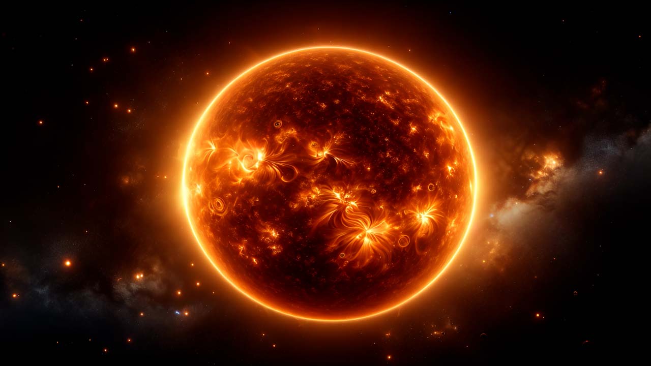 Sole ardente che irradia nel cosmo