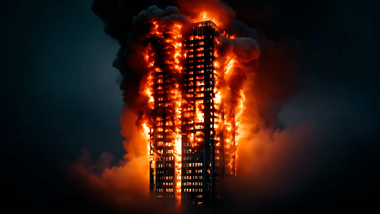 Inferno Avvolge un Grattacielo Torreggiante