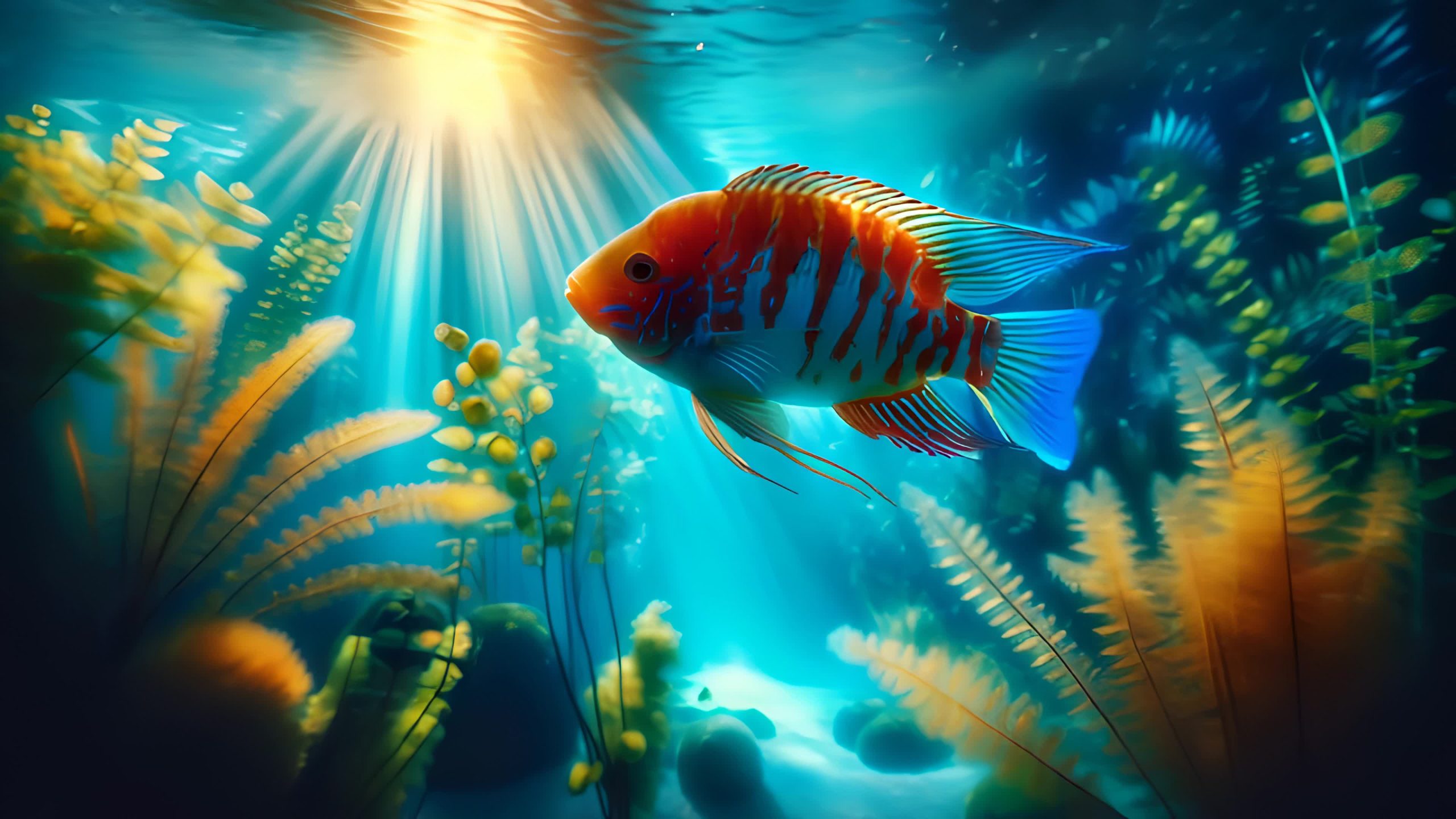 Vibrant tropical fish in sunlit underwater scene