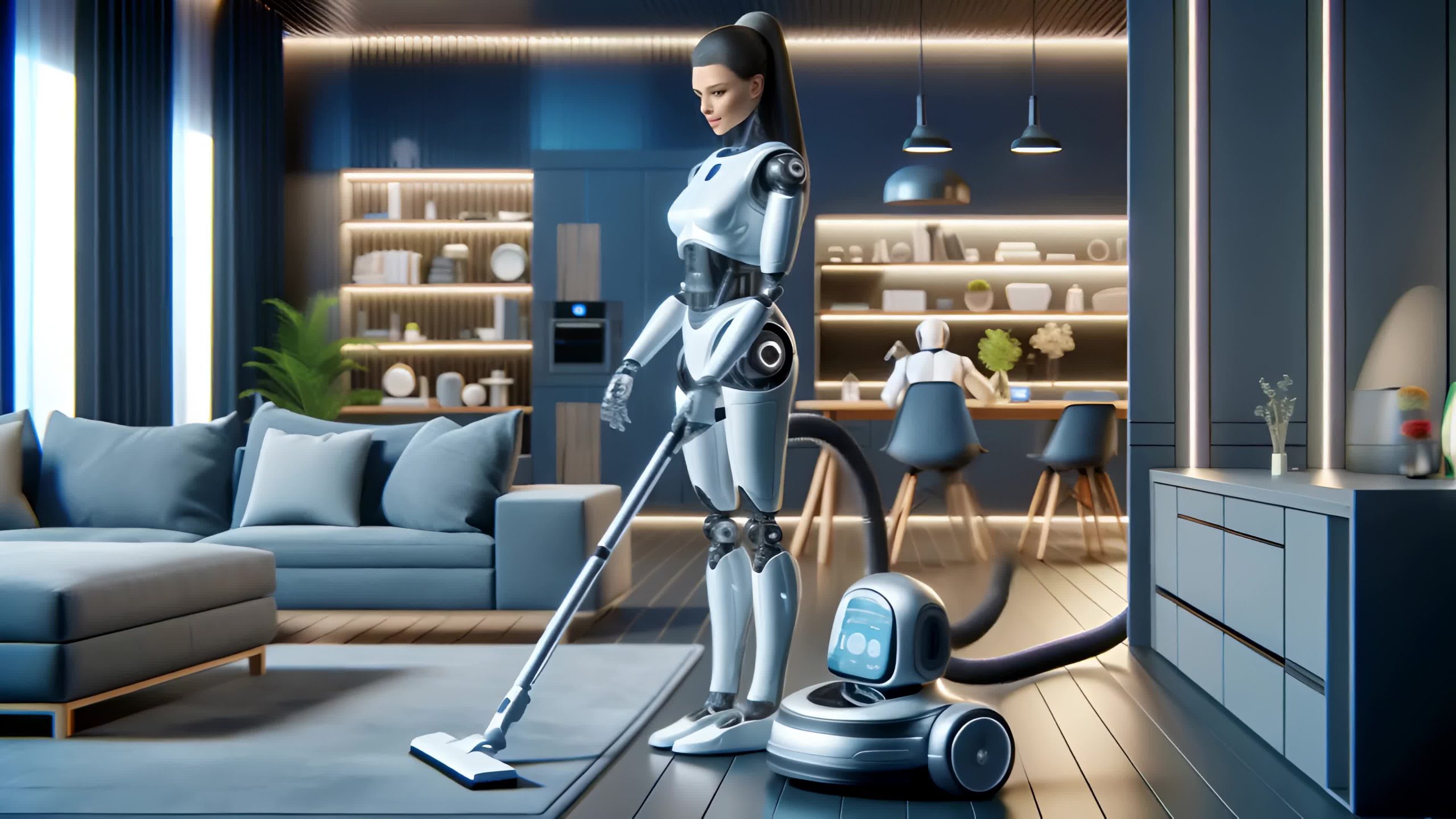 Robot futuristico che pulisce in una casa moderna
