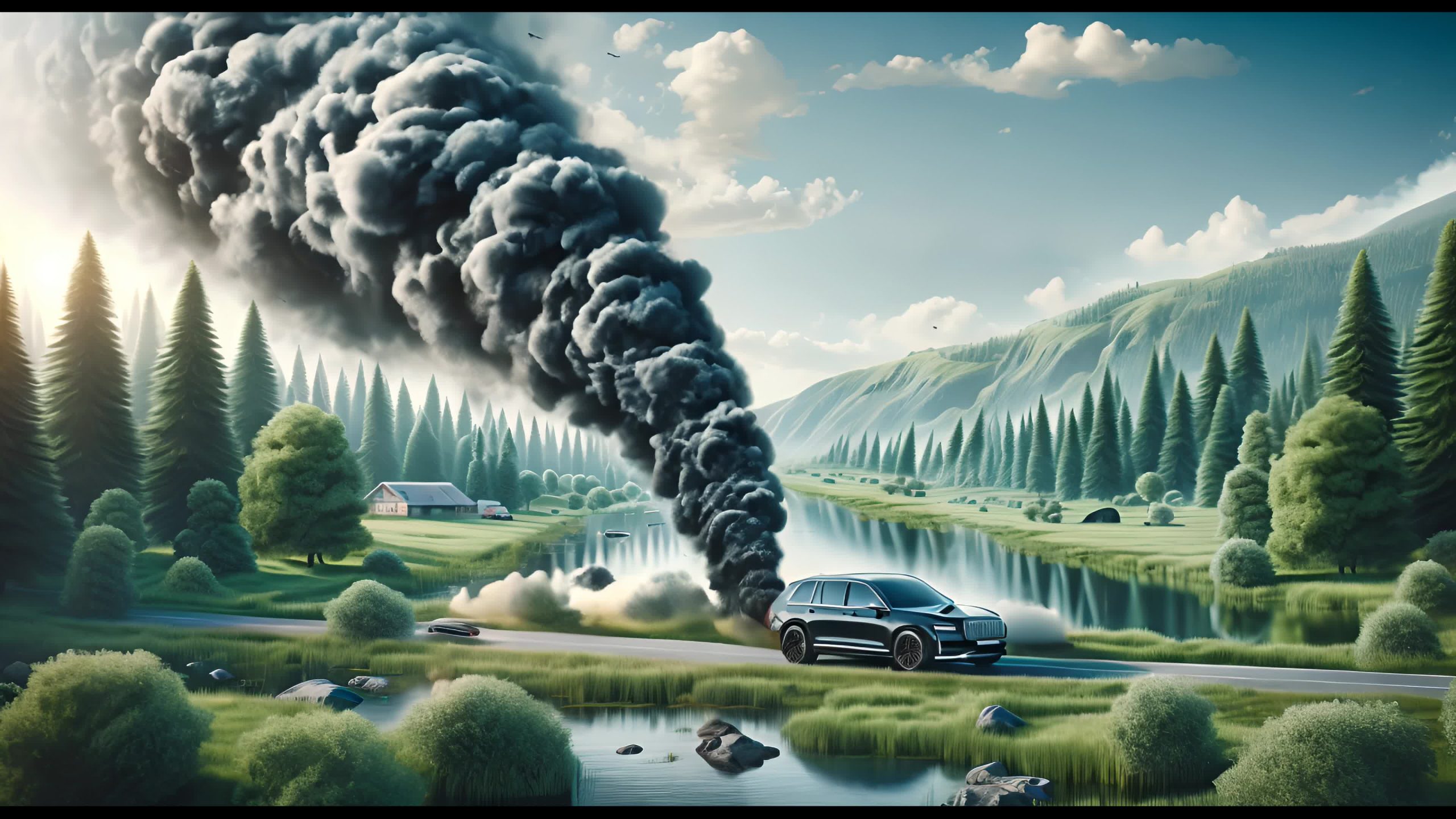 SUV che emette fumo nero su una strada di campagna panoramica