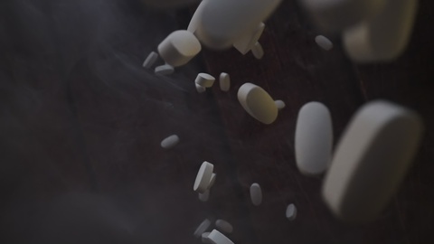 Capsule bianche che fluttuano in una nebbia scura