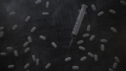 Syringe Surrounded by Scattered White Pills