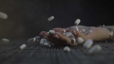 Mano che lascia cadere pillole bianche su una superficie scura