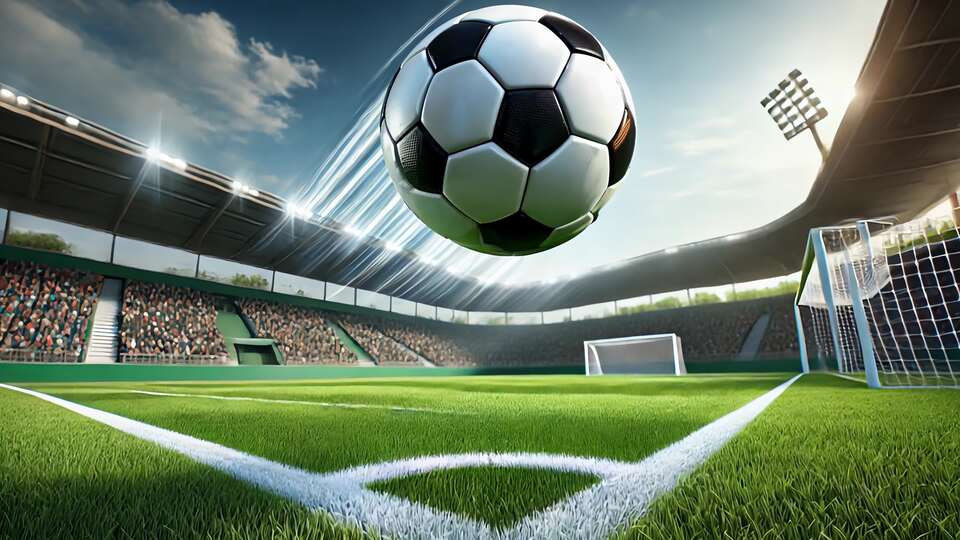 Pallone da Calcio in Volo Verso la Porta nello Stadio