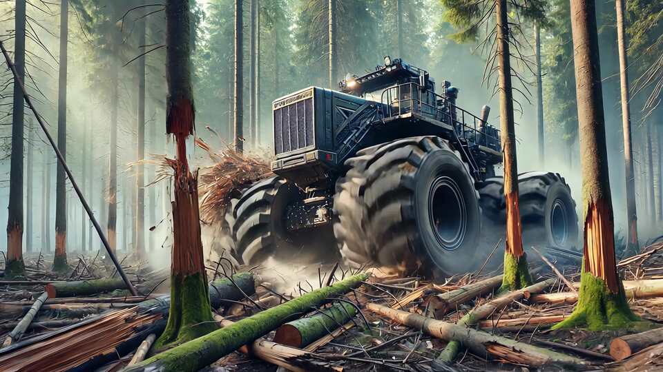 Macchina forestale gigantesca che apre un sentiero in una fitta foresta